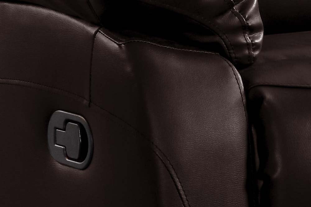 Close-up of brown leather recliner sofa – detailed view of premium upholstery and stitching on modern reclining couch for living room