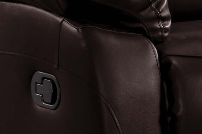 Close-up of brown leather recliner sofa – detailed view of premium upholstery and stitching on modern reclining couch for living room