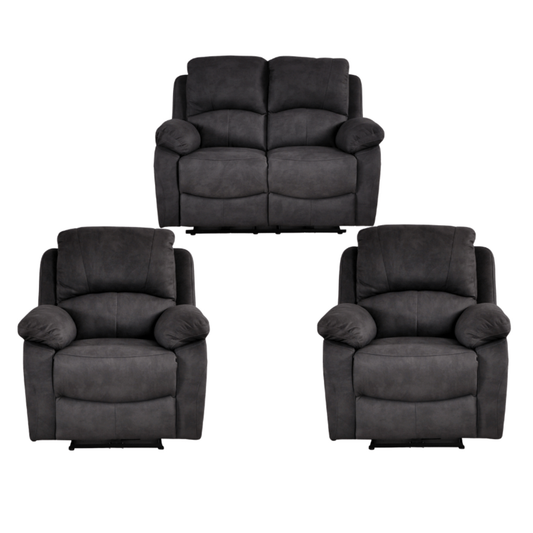 Set of three dark gray recliner chairs on a white background