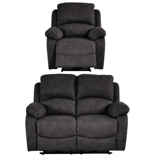 Gray recliner chair and loveseat set on a white background
