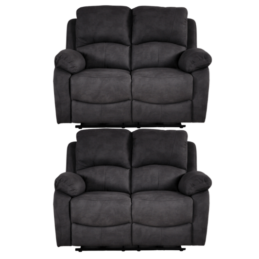 Two gray recliner sofas on a white background