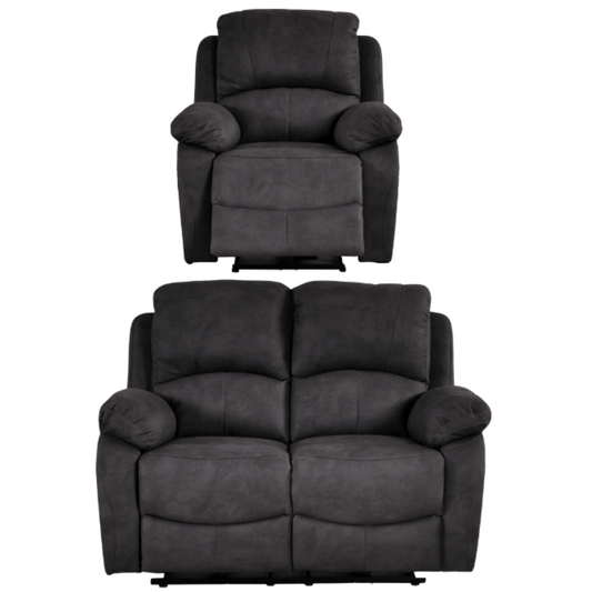 Gray recliner chair and loveseat set on a white background