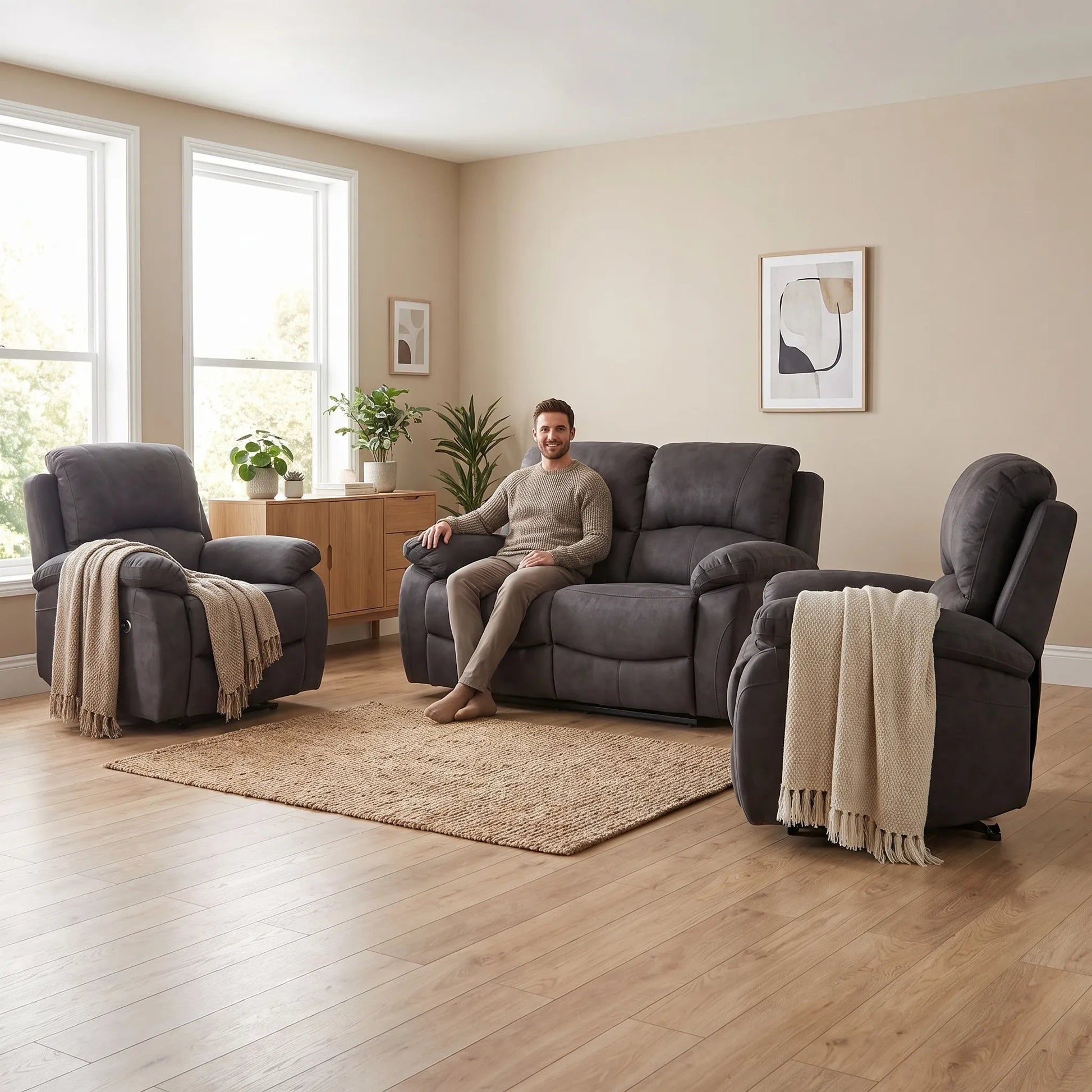 Roma Grey Fabric Electric Recliner 2+1+1 Seater Sofa Set - Furniture Instore