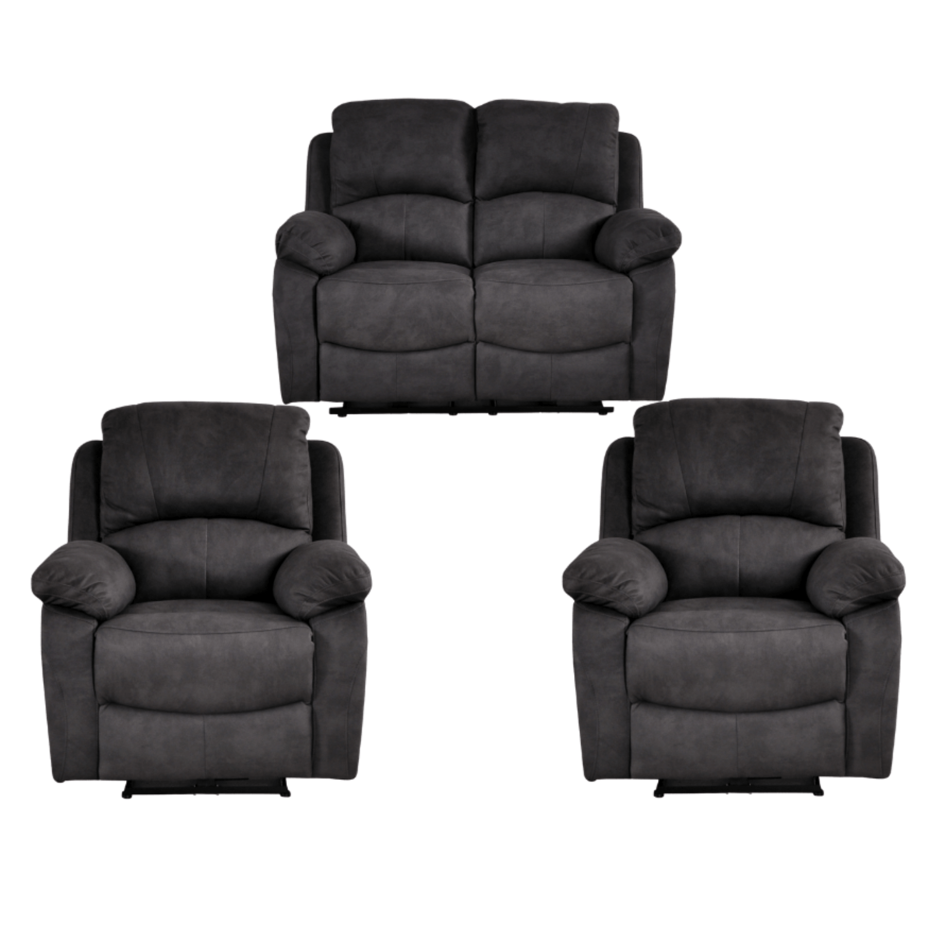 Set of three dark grey recliner chairs on a white background