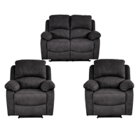 Set of three dark grey recliner chairs on a white background