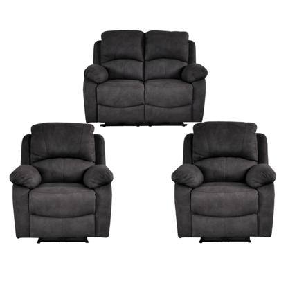 Set of three dark grey recliner chairs on a white background
