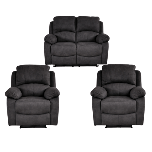 Set of three dark gray recliner chairs on a white background