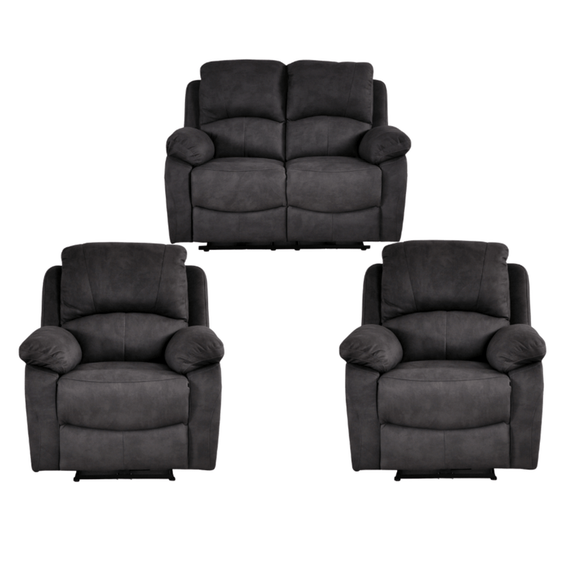 Set of three dark grey recliner chairs on a white background