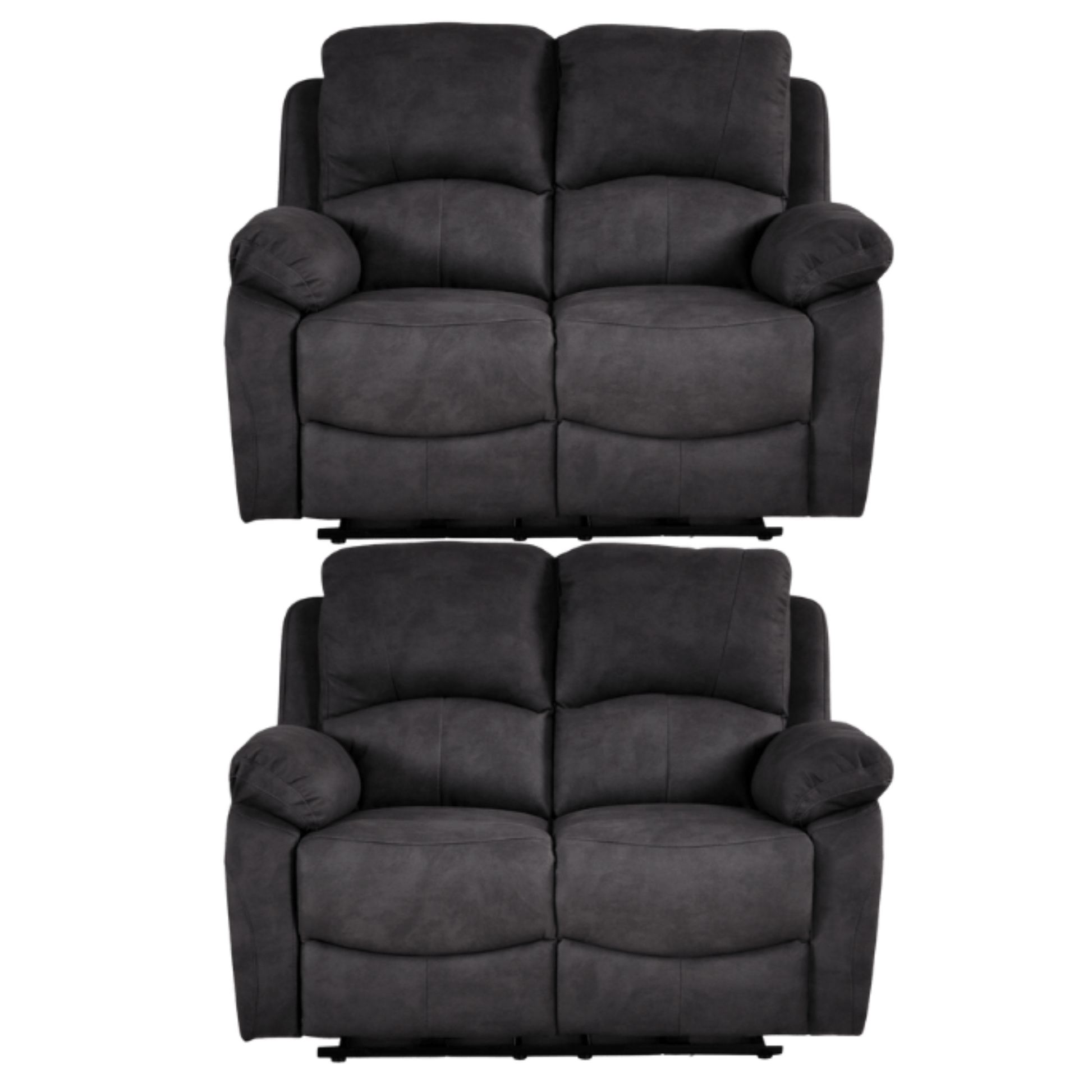 Two grey recliner sofas on a white background