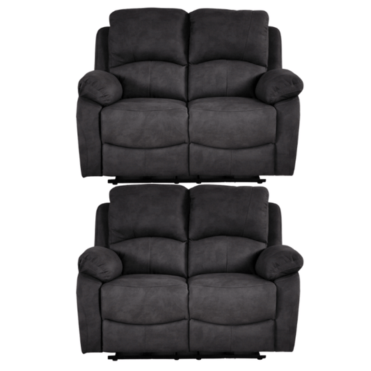 Two gray recliner sofas on a white background