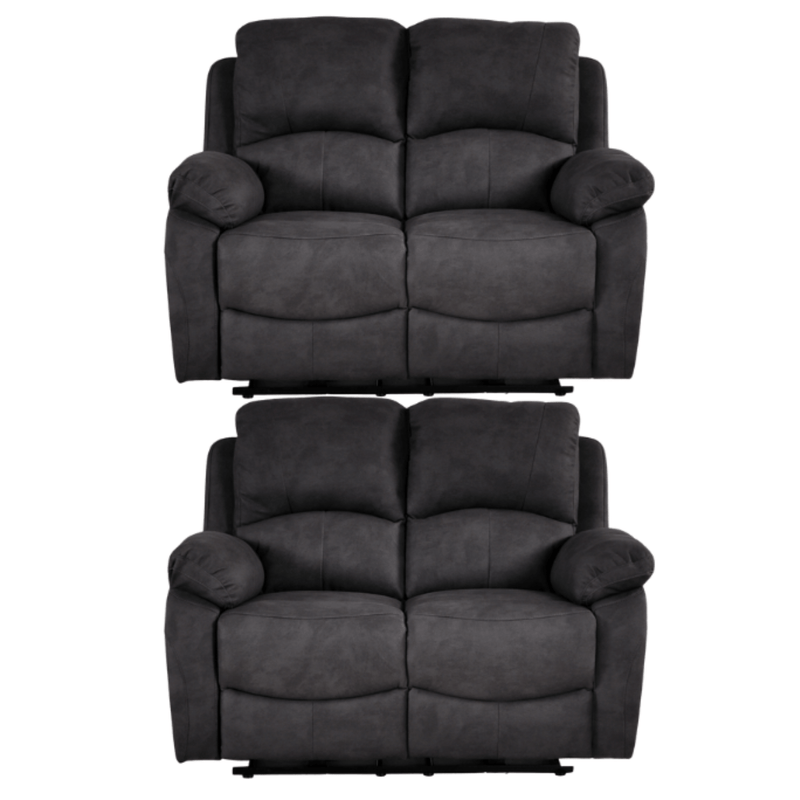 Two grey recliner sofas on a white background