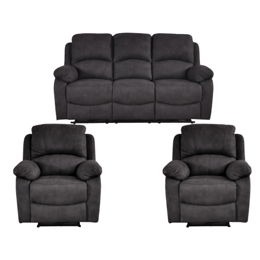Gray sofa set with two recliner chairs on a white background