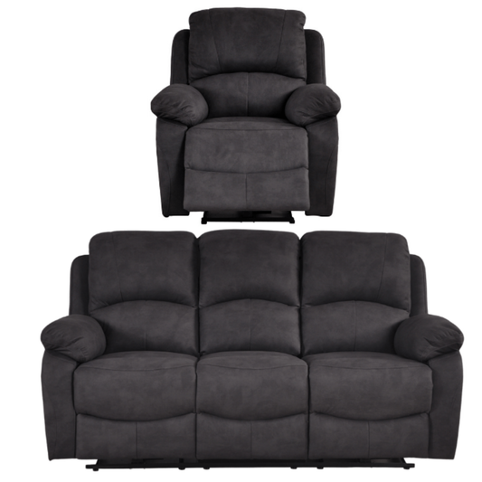 Dark gray recliner chair and sofa set on a white background