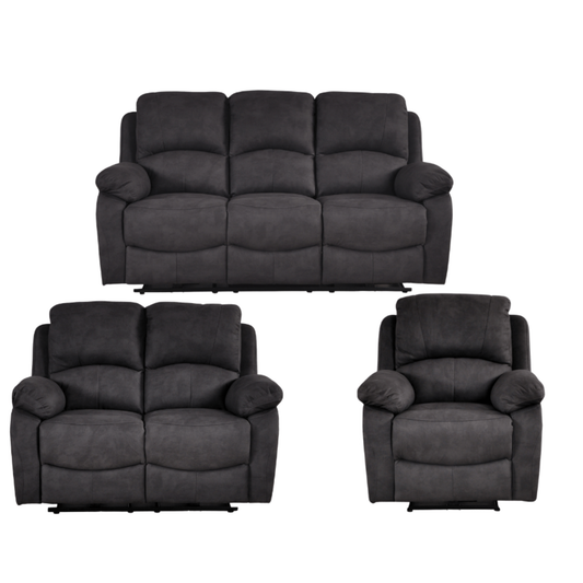 Gray sofa set with two recliners on a white background