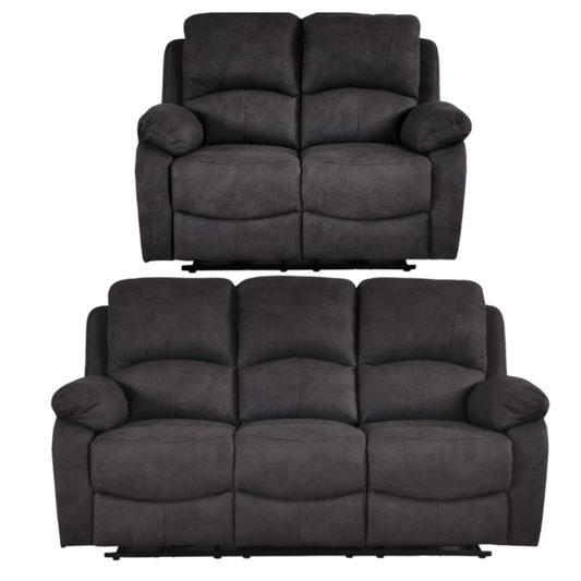 Two gray recliner sofas on a white background