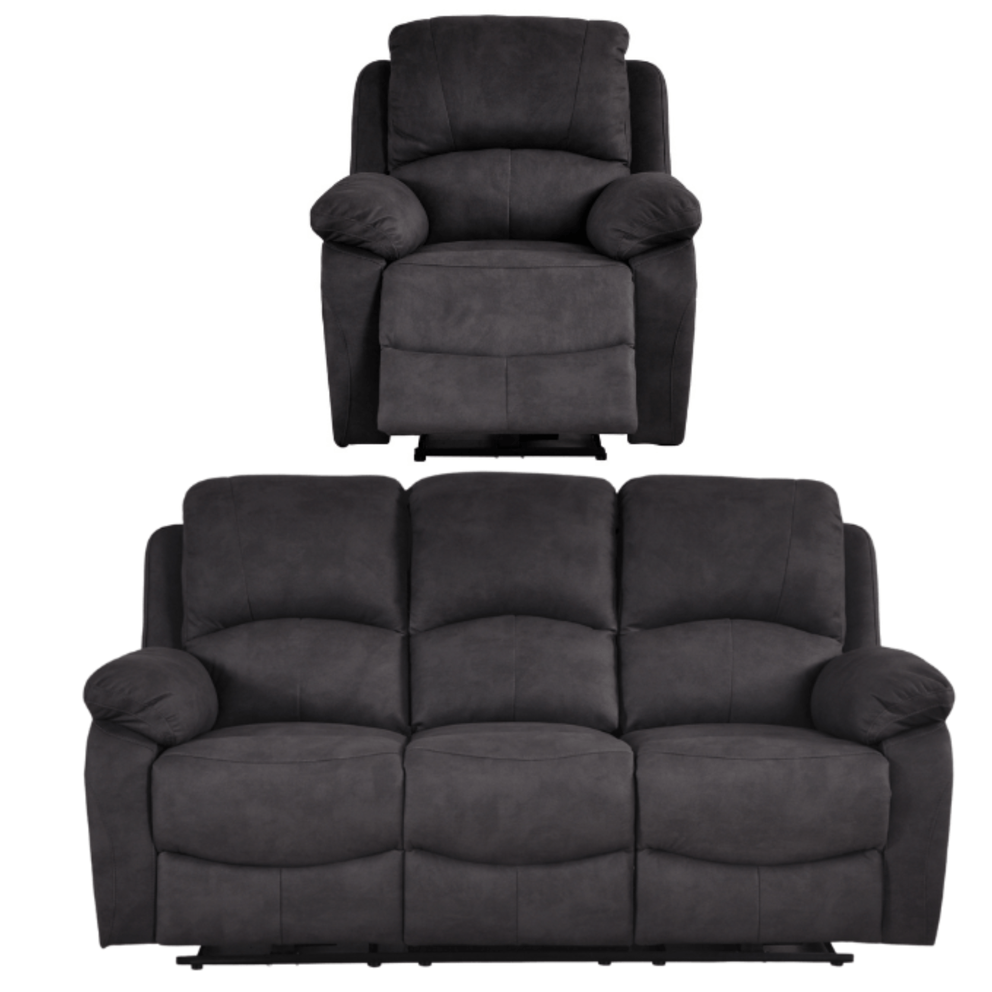 Dark grey recliner chair and sofa set on a white background