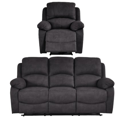 Dark grey recliner chair and sofa set on a white background