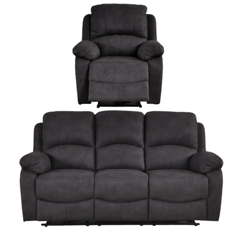 Dark grey recliner chair and sofa set on a white background