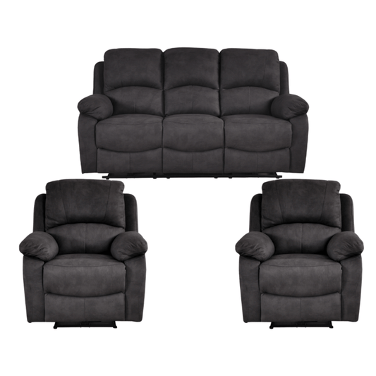 Gray sofa set with two recliner chairs on a white background
