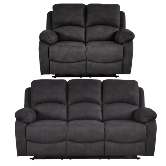 Two gray recliner sofas on a white background