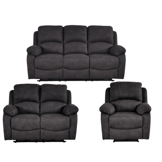 Gray sofa set with two recliners on a white background