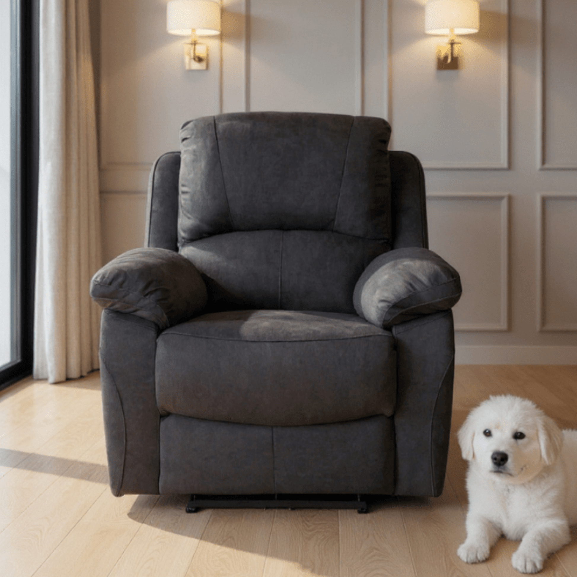 Grey armchair in a room with a white dog sitting next to it