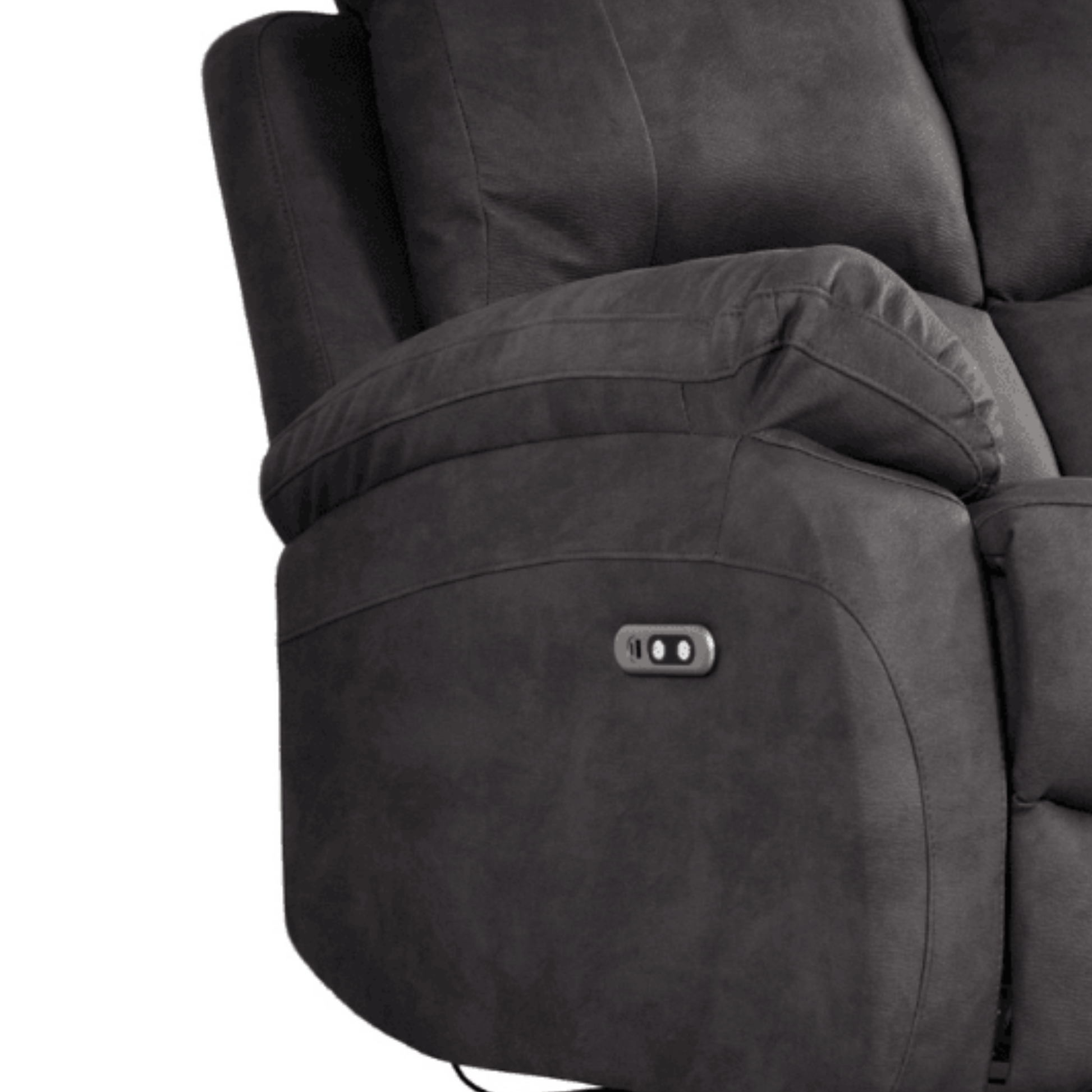 Grey recliner chair with control panel on a white background