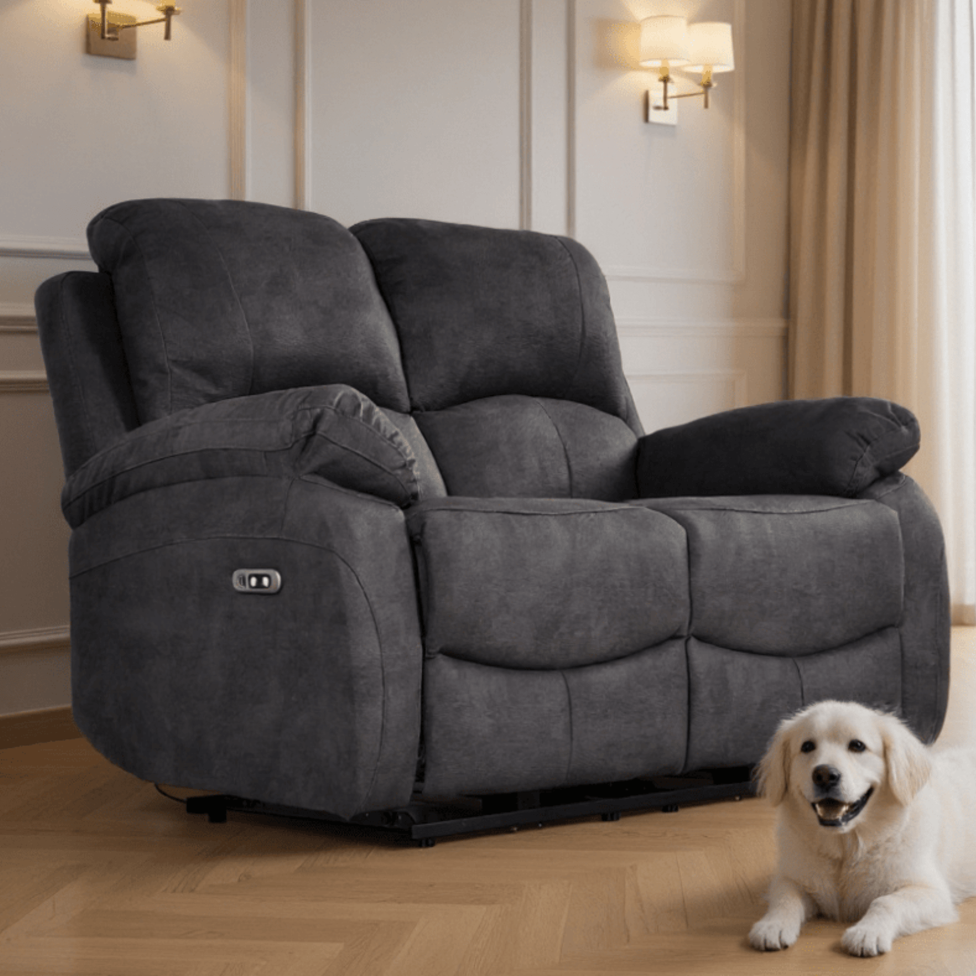 Gray recliner sofa in a living room with a white dog sitting next to it.