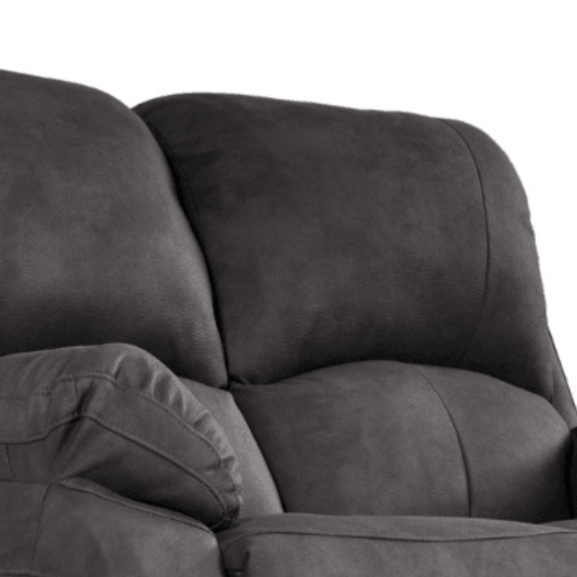 Grey sofa with a close-up view of the cushions on a white background