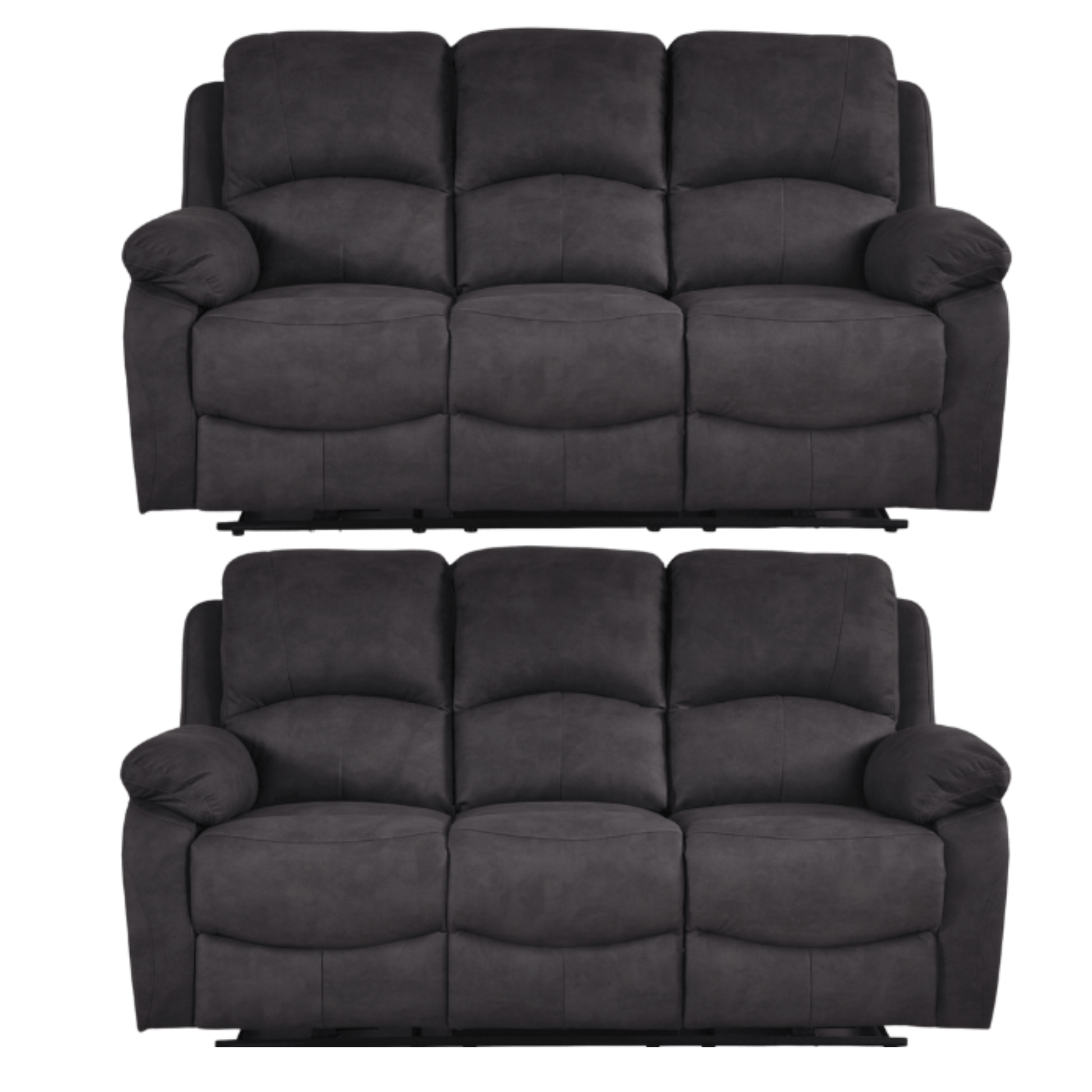 Two black sofas on a white background