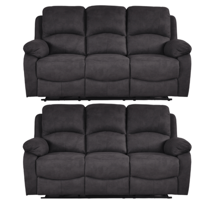 Two black sofas on a white background