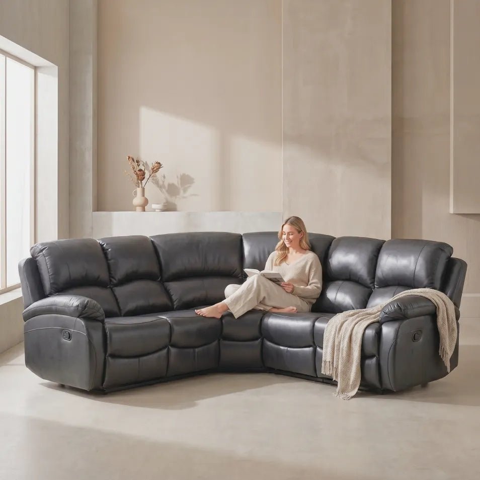 Roma Grey Leather Manual Recliner 5 Seat Corner Sofa - Furniture Instore