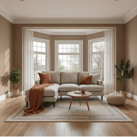 Living room with a sectional sofa, coffee table, and decorative pillows.