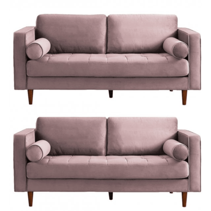 Two identical mauve sofas with wooden legs on a white background