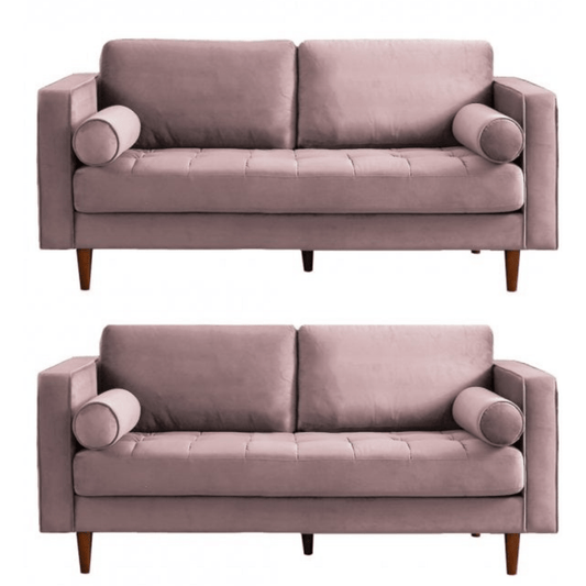 Two identical mauve sofas with wooden legs on a white background
