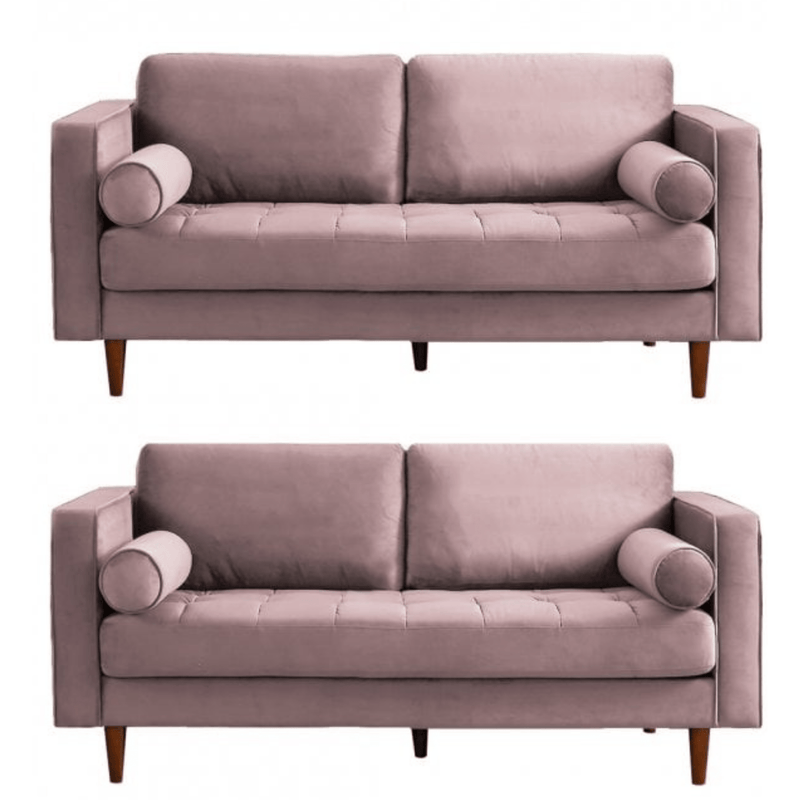 Two identical mauve sofas with wooden legs on a white background