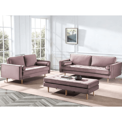 Purple sofa set with ottoman in a modern living room