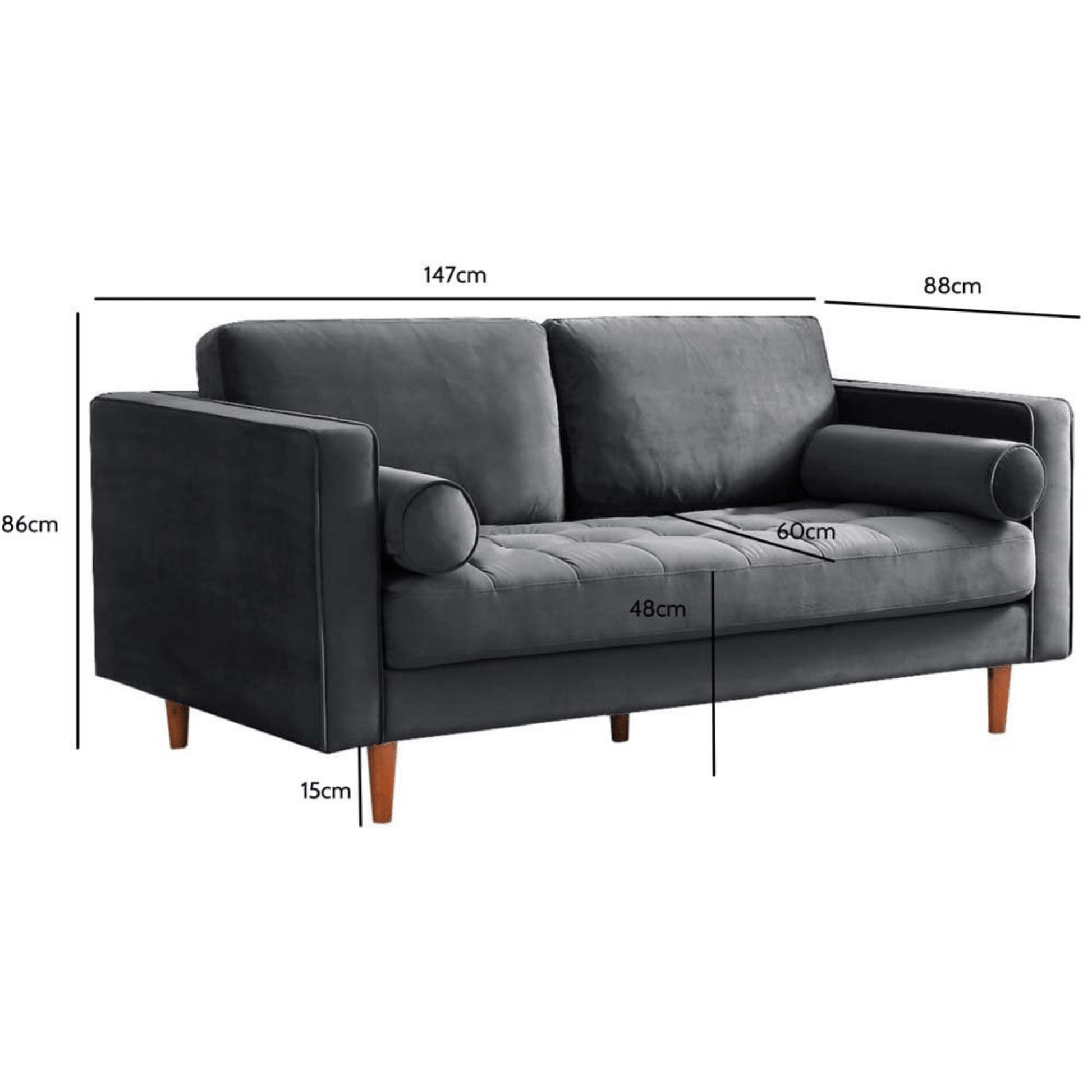 Gray sofa with dimensions marked on a white background