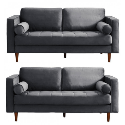 Two gray sofas with wooden legs on a white background