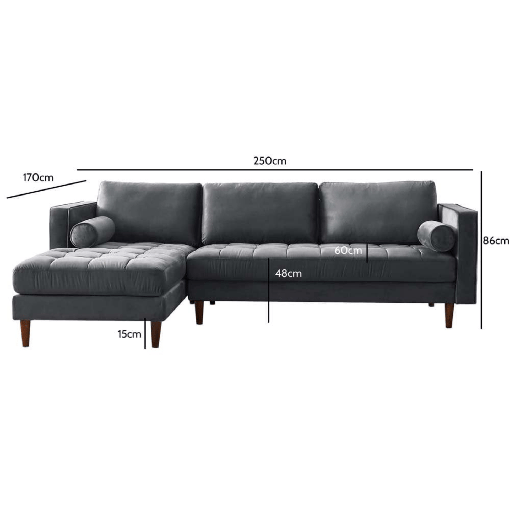 Gray sectional sofa with dimensions labeled on a white background