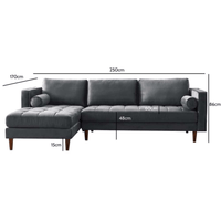 Gray sectional sofa with dimensions labeled on a white background