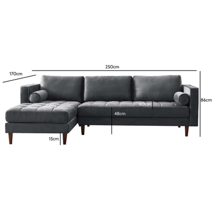 Gray sectional sofa with dimensions labeled on a white background