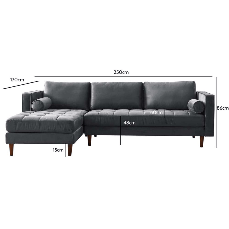 Gray sectional sofa with dimensions labeled on a white background