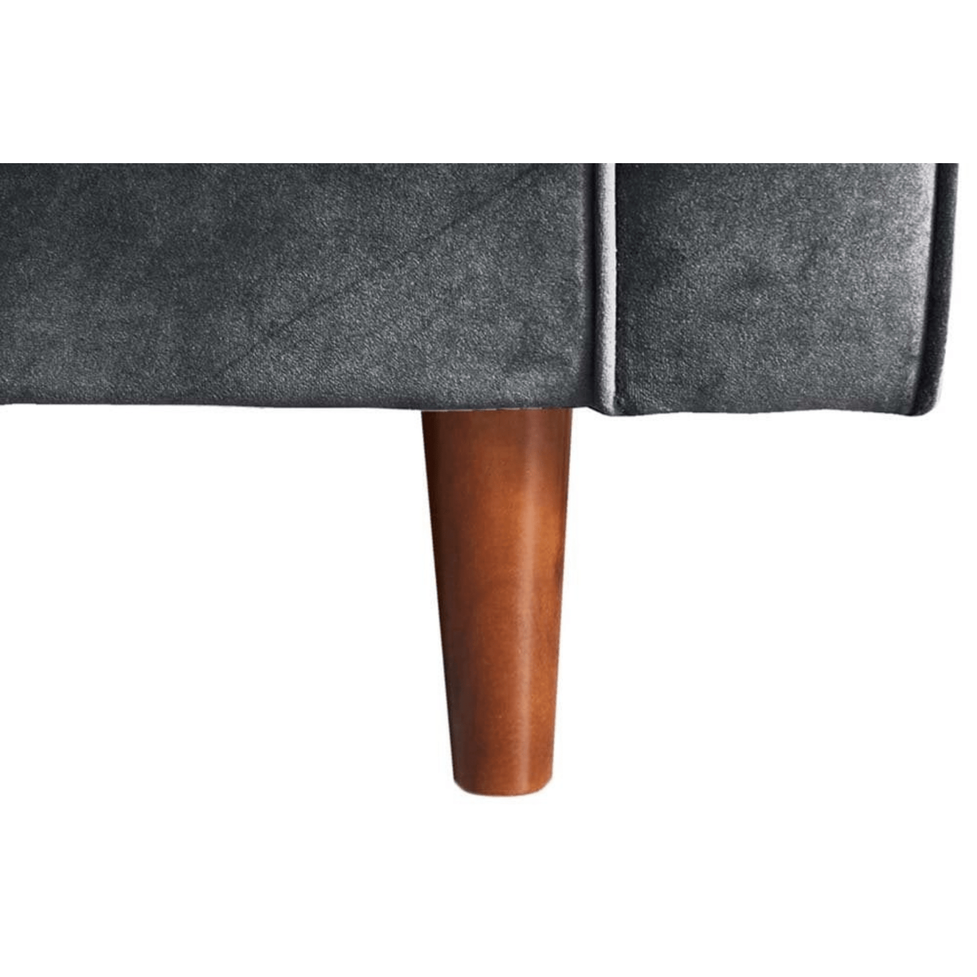 Gray upholstered chair with wooden leg on a white background