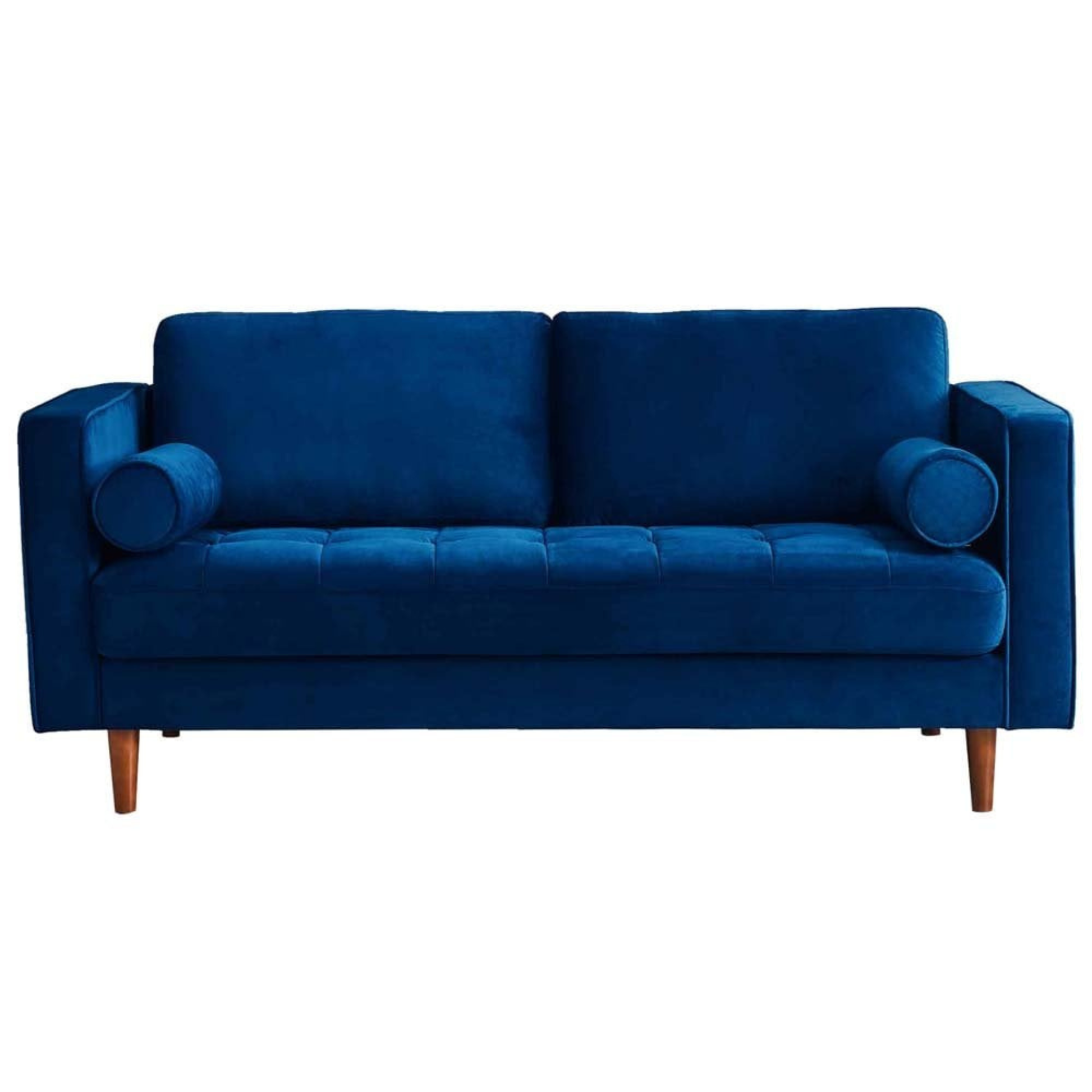 Blue sofa with wooden legs on a white background