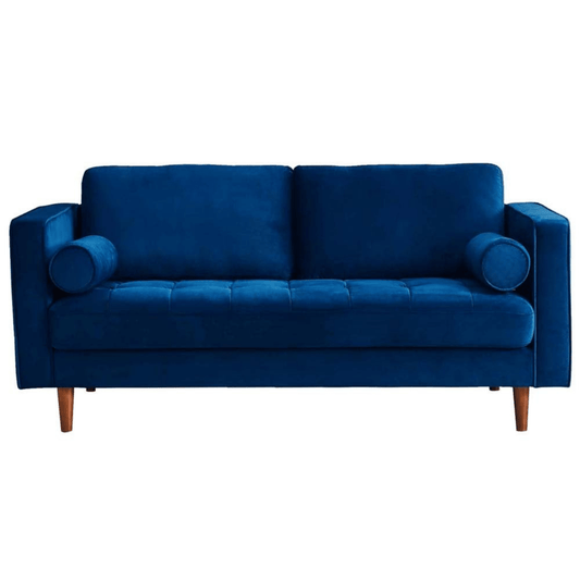 Blue sofa with wooden legs on a white background