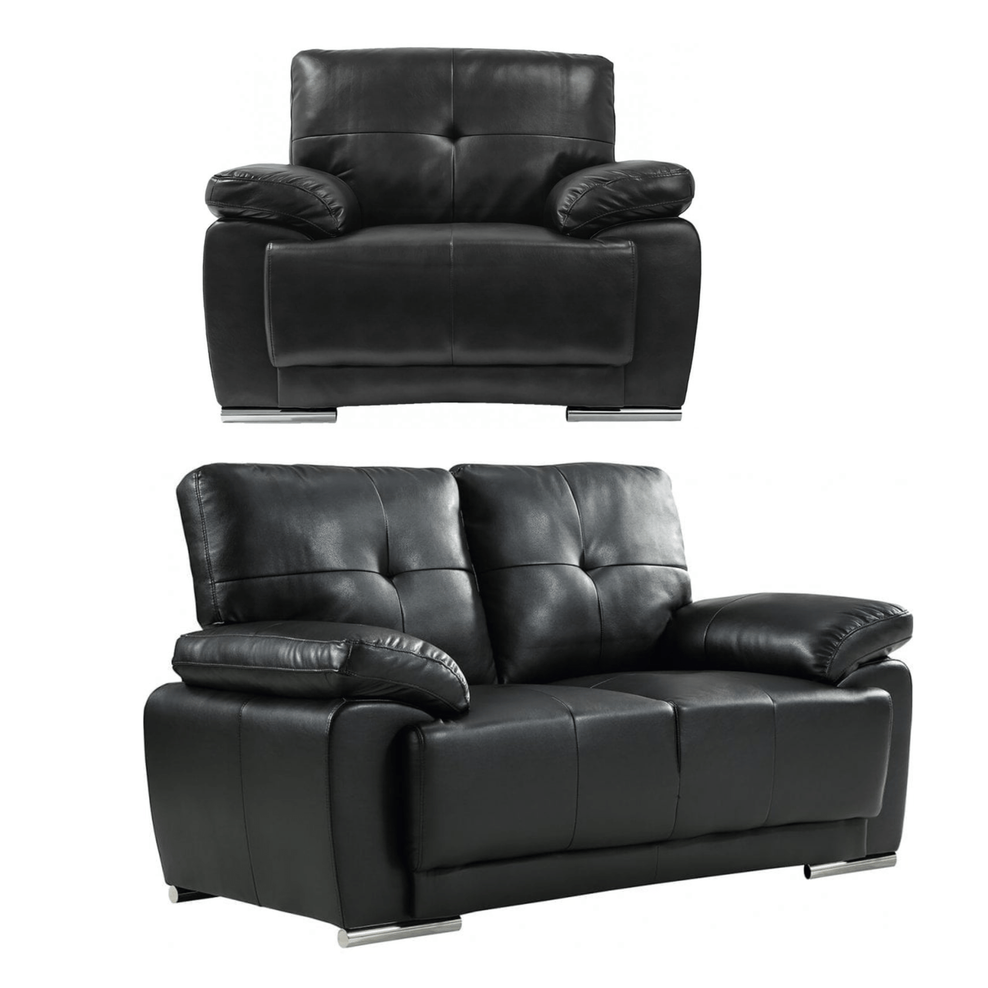 Black leather recliner chair and sofa set on a white background