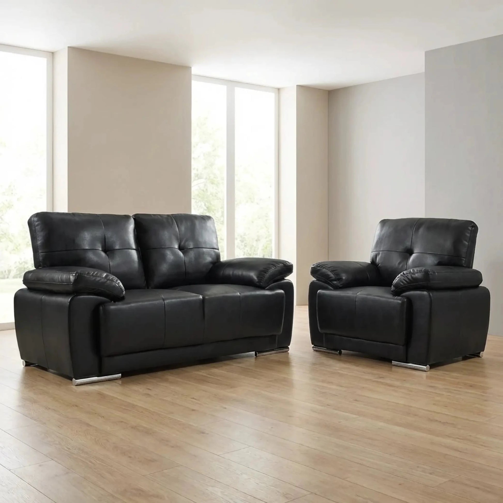 Sienna Black Leather Contemporary 2+1 Seater Sofa Set - Furniture Instore