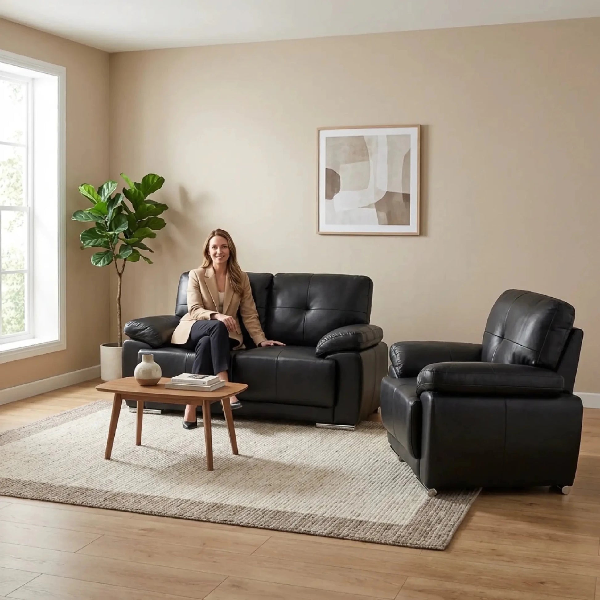 Sienna Black Leather Contemporary 2+1 Seater Sofa Set - Furniture Instore