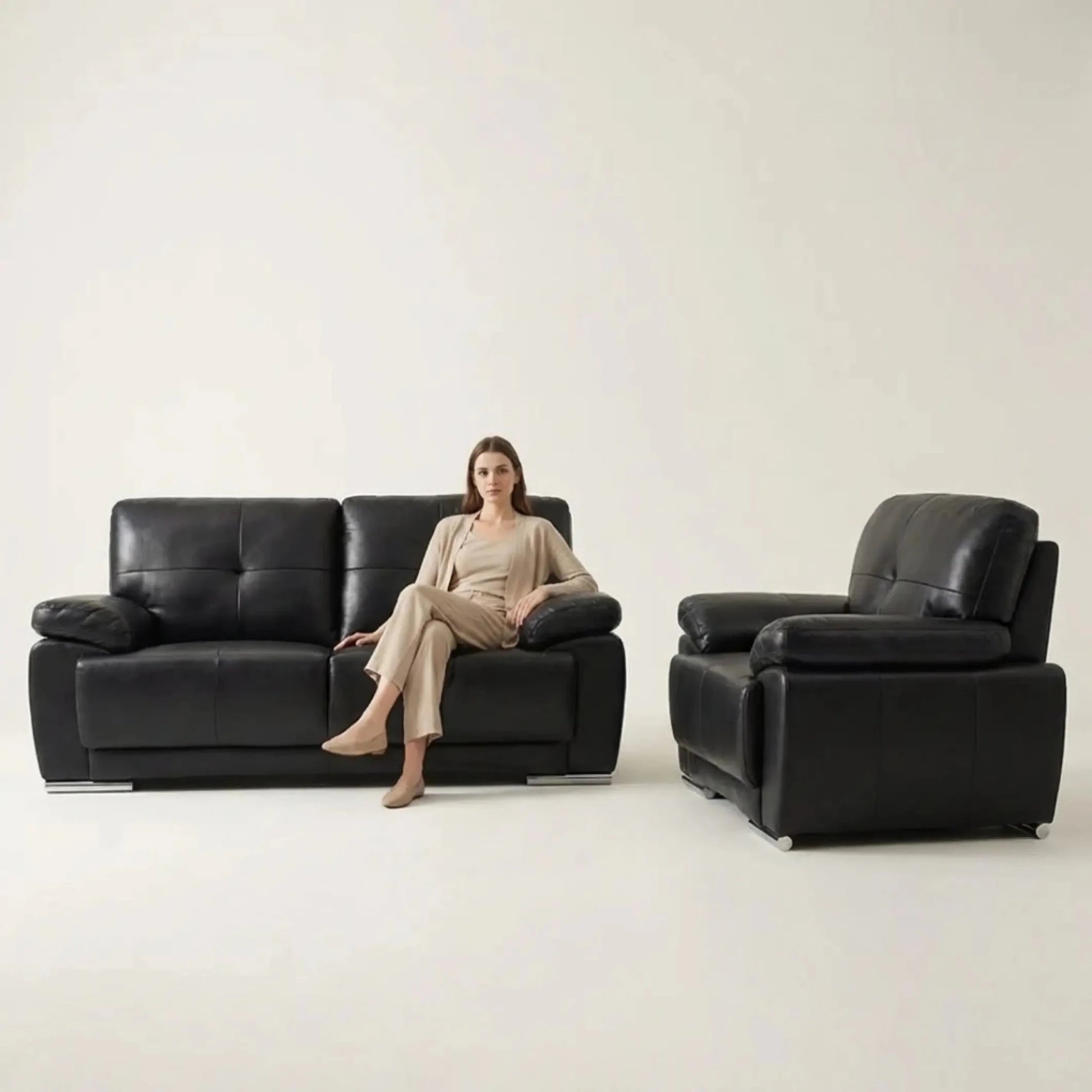 Sienna Black Leather Contemporary 2+1 Seater Sofa Set - Furniture Instore